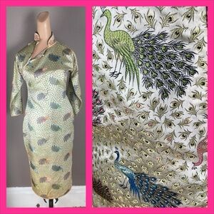 Golden Silk Peacock Brocade Cheongsam Qipao - Mandarin Sheath Dress - Small